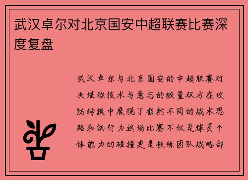 武汉卓尔对北京国安中超联赛比赛深度复盘