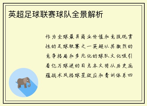 英超足球联赛球队全景解析